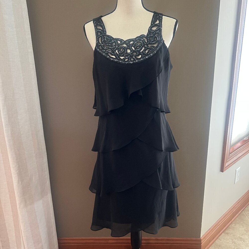 SLNY Black Chiffon Cocktail Dress Beaded Party Tiered Ruffle, Size 12